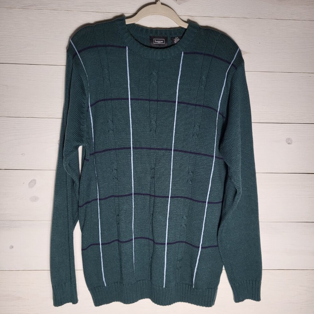 Haggar Plaid Cotton Sweater Green Oversized Cozy Grandpacore